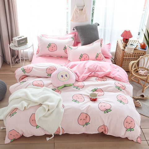 Cute bed linens peach print Home textile bedding luxury fruit duvet cover set sheet bedclothes 3/4pcs girls gift queen king size
